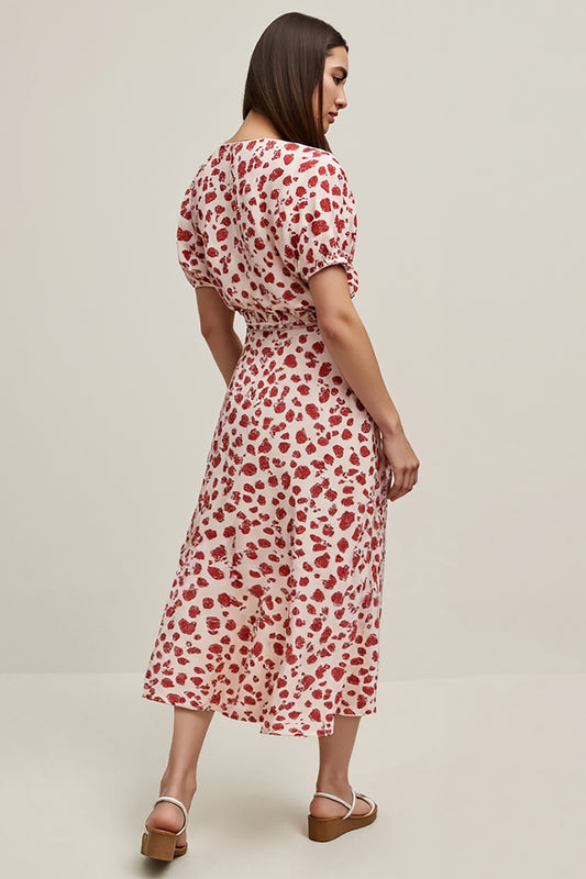 Red Leopard Printed A Line Maxi Work Dress with Sleeves
