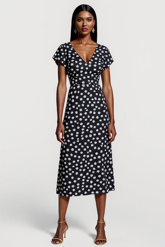 Black and White Polka Dots V-Neck Short Sleeves Maxi Work Dress