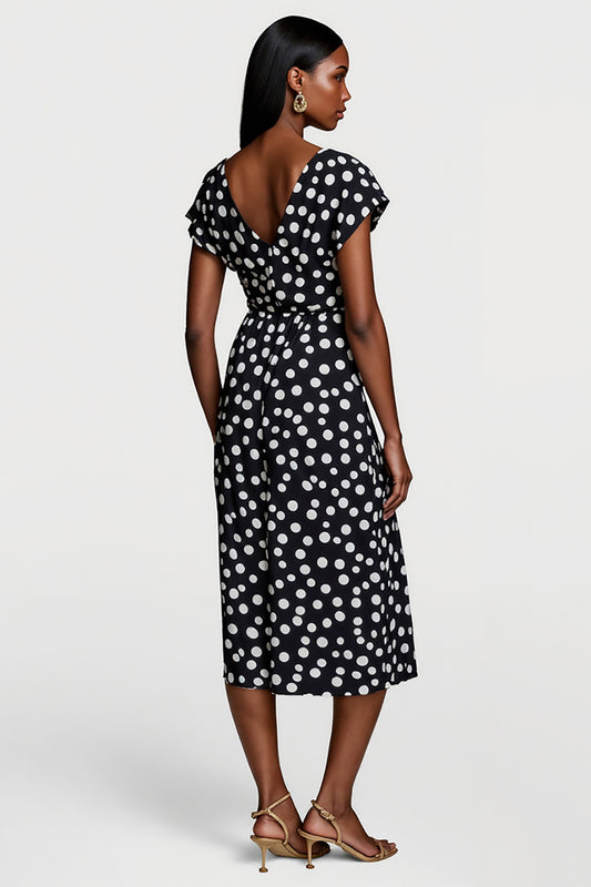 Black and White Polka Dots V-Neck Short Sleeves Maxi Work Dress