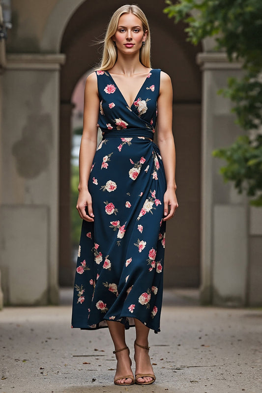 Dark Blue Floral Printed V-Neck Sheath Maxi Work Dress