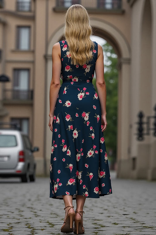Dark Blue Floral Printed V-Neck Sheath Maxi Work Dress