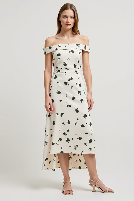White Printed Off the Shoulder High-Low Work Dress