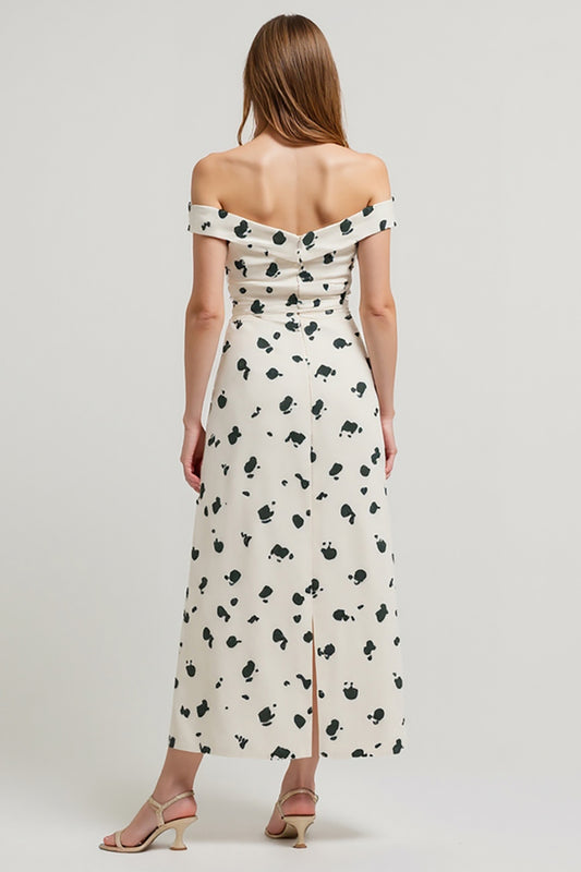 White Printed Off the Shoulder High-Low Work Dress