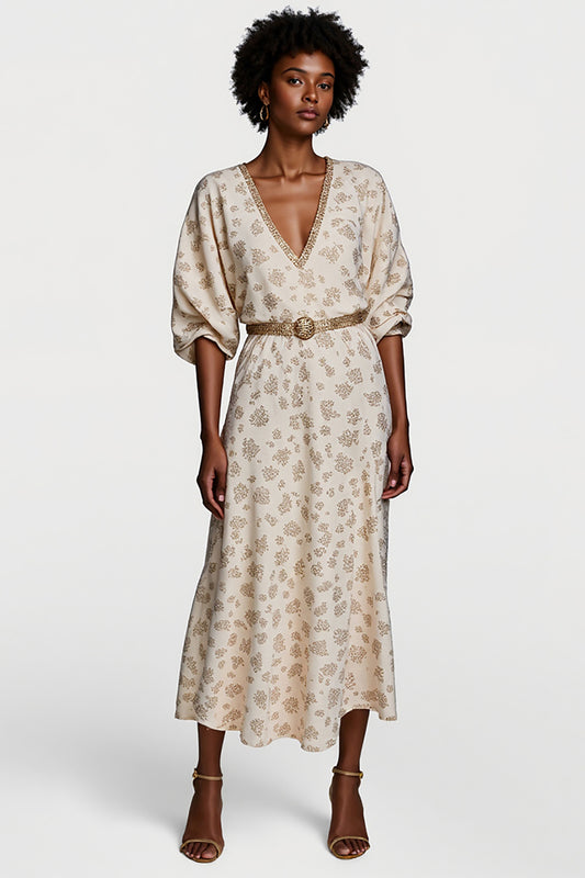 Apricot Printed Half Sleeves V-Neck Maxi Work Dress with Belt