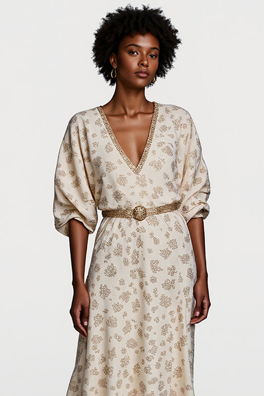 Apricot Printed Half Sleeves V-Neck Maxi Work Dress with Belt