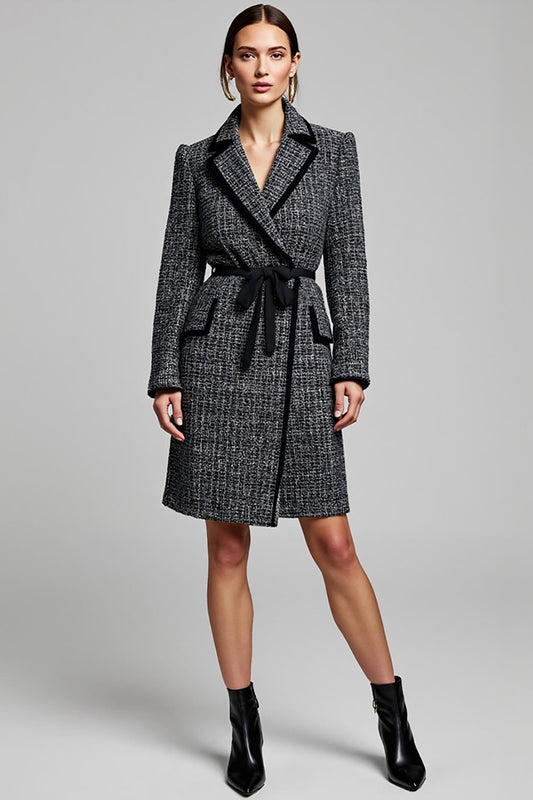 Dark Grey Tweed Notched Lapel Short Blazer Dress with Sleeves