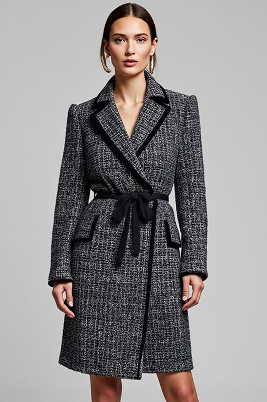 Dark Grey Tweed Notched Lapel Short Blazer Dress with Sleeves