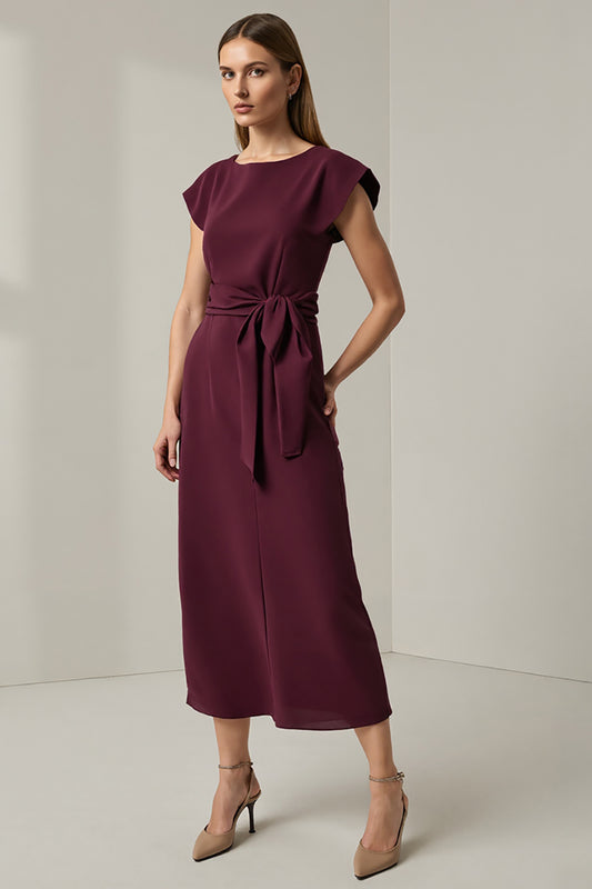 Dark Red Round Neck Pencil Long Work Dress with Sleeves