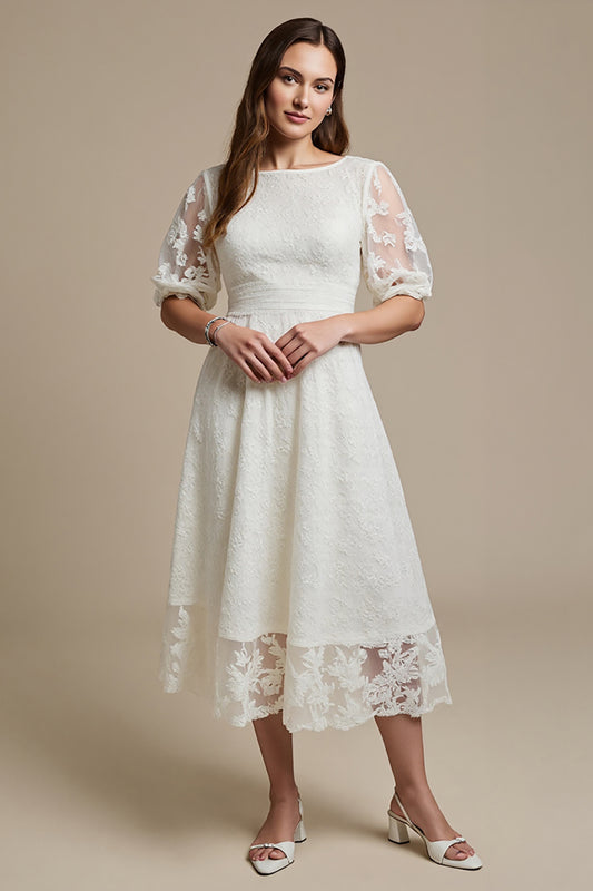 White Boat Neck A Line Midi Lace Engagement Dress with Sleeves