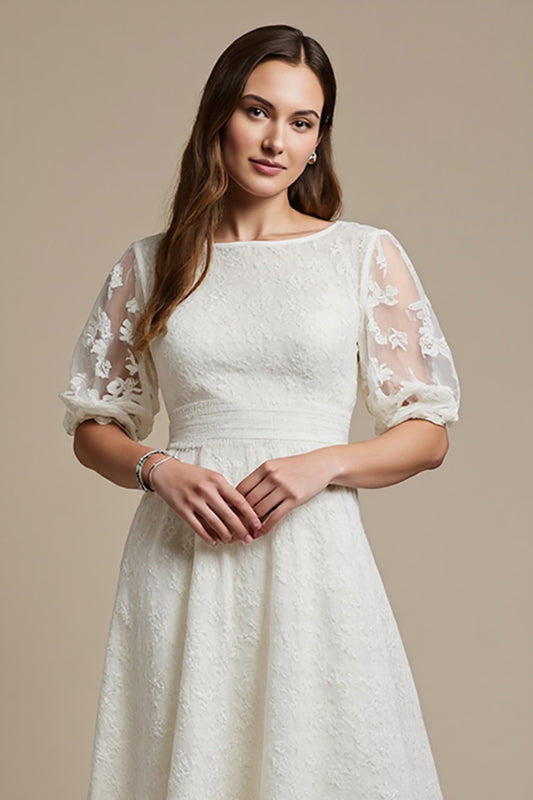 White Boat Neck A Line Midi Lace Engagement Dress with Sleeves
