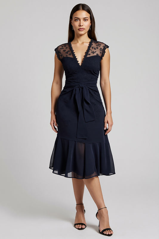 Navy V-Neck Short Chiffon Work Dress with Sash