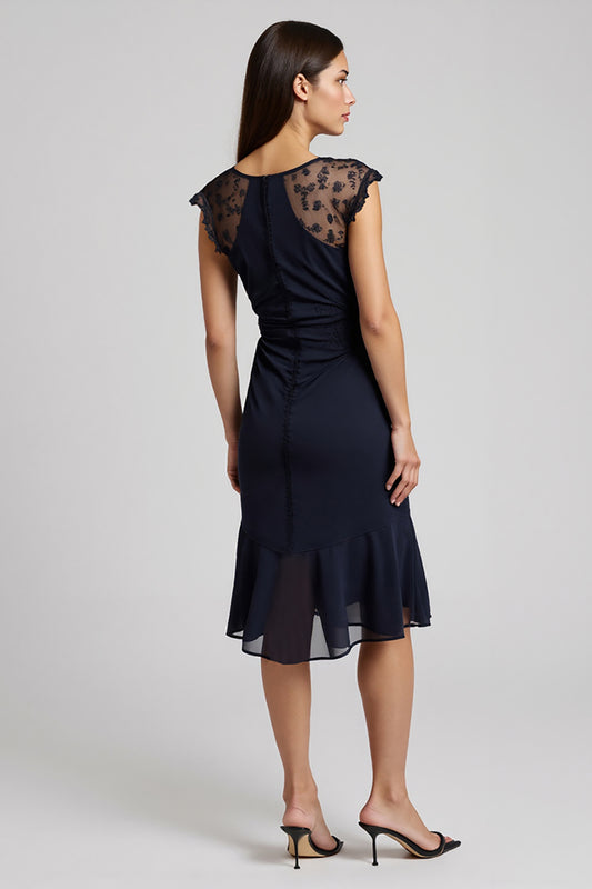 Navy V-Neck Short Chiffon Work Dress with Sash