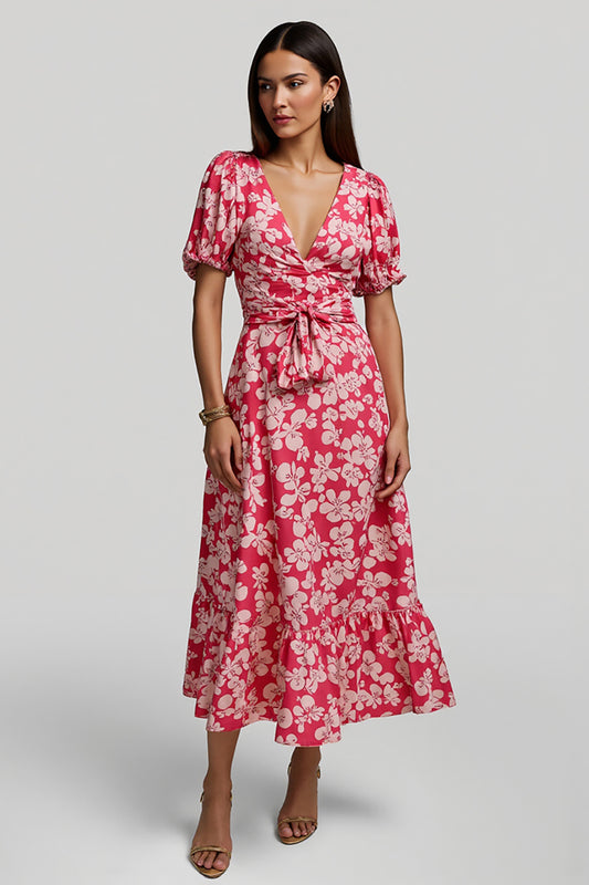 Red V-Neck A Line Long Floral Work Dress with Sleeves