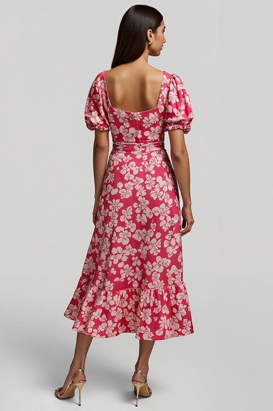 Red V-Neck A Line Long Floral Work Dress with Sleeves