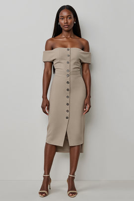 Khaki Satin Off the Shoulder Bodycon Midi Work Dress with Buttons