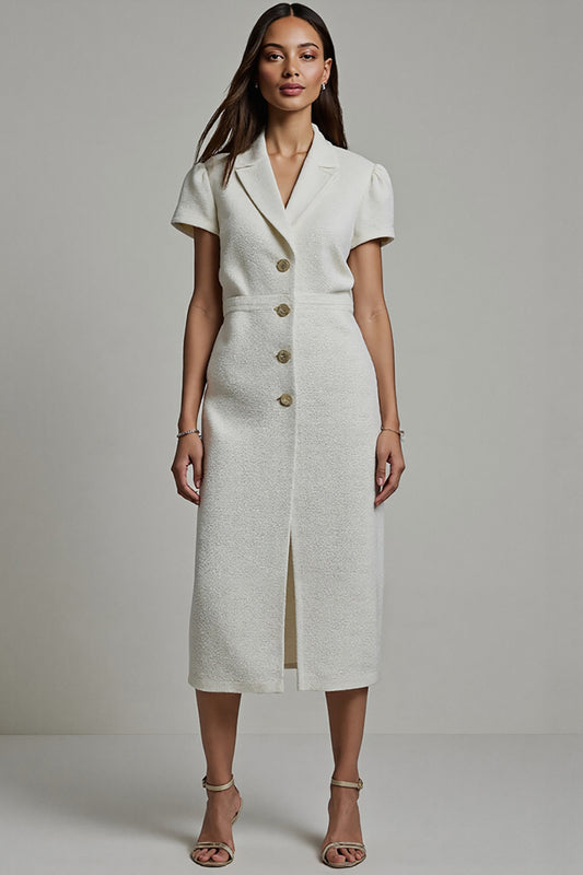 White Notched Lapel Bodycon Midi Blazer Dress with Sleeves
