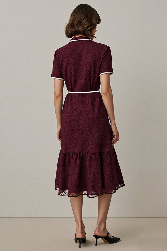 Burgundy Notched Lapel Midi Work Dess with Sleeves
