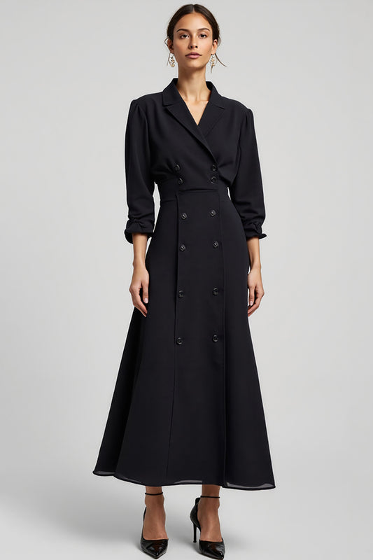 Navy Notched Lapel A Line Long Blazer Dress with Sleeves
