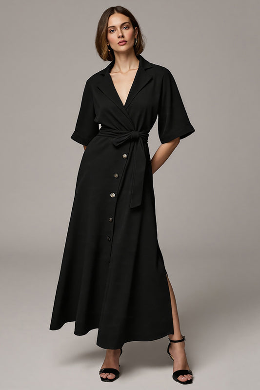 Black Notched Lapel Long Buttons Blazer Dress with Sleeves