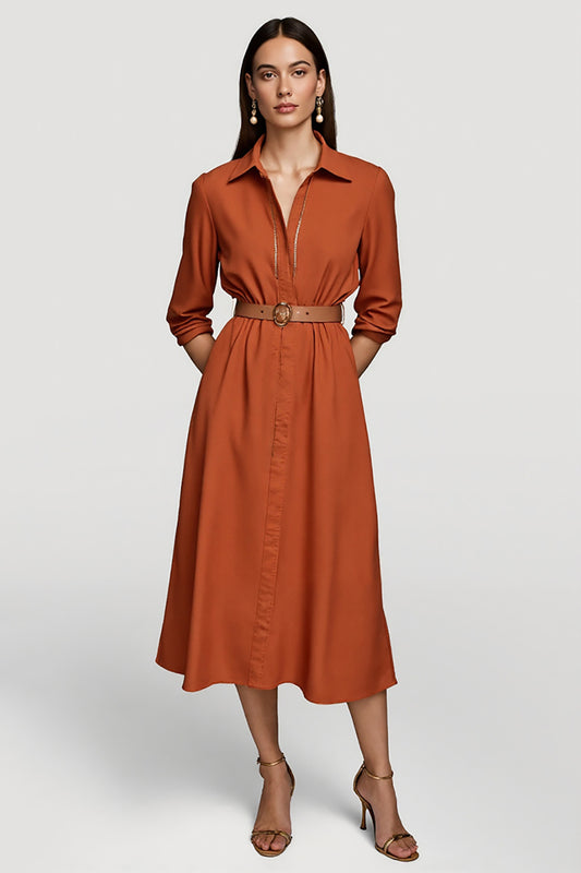 Orange Collar Neck Midi Shirt Work Dress with Belts