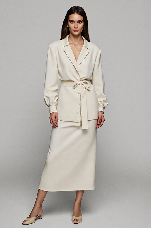 Ivory Notched Lapel 2 Piece Midi Business Suits with Sleeves