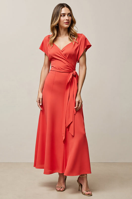 Orange V-Neck A-Line Long Work Dress with Sash