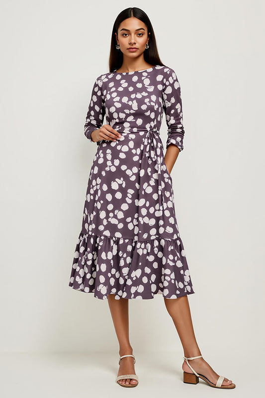 Dark Purple Bateau A Line Printed Midi Work Dress