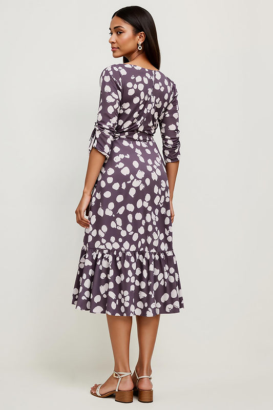 Dark Purple Bateau A Line Printed Midi Work Dress