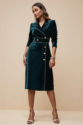 Peacock Blue Velvet Notched Lapel Midi Blazer Dress with Sleeves