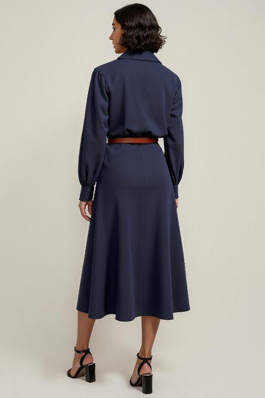 Navy Collar Neck Buttons Midi Shirt Work Dress with Sleeves