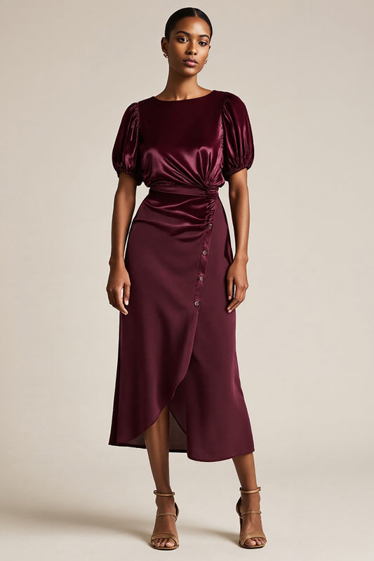 Burgundy Boat Neck Bodycon Midi Work Dress with Sleeves