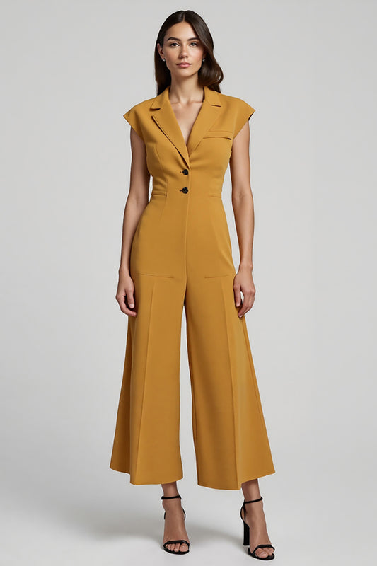 Yellow Buttons Notched Lapel Ankle Length Work Jumpsuits