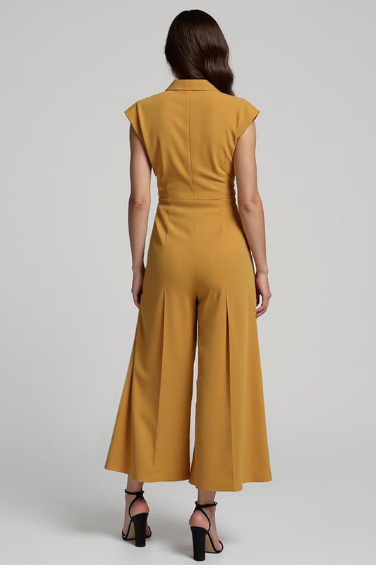 Yellow Buttons Notched Lapel Ankle Length Work Jumpsuits