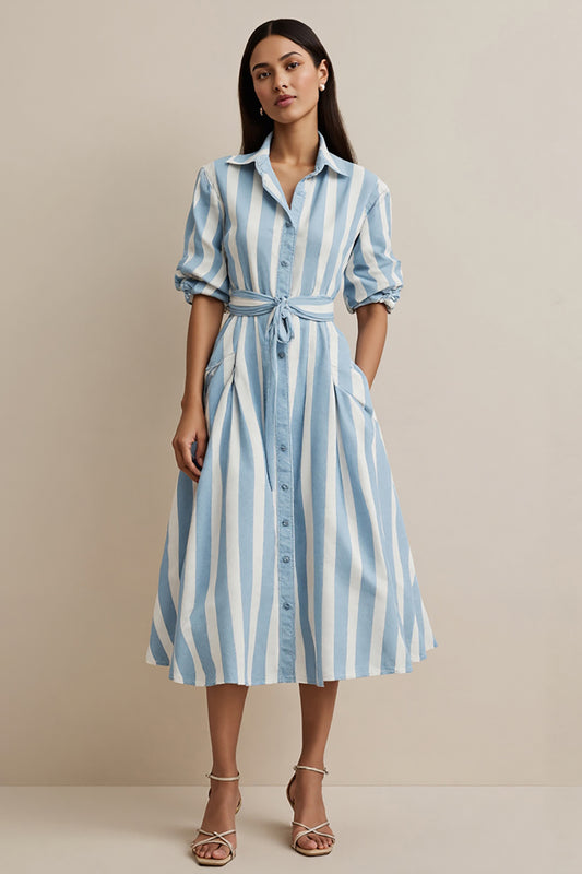 Blue Pockets Collar Neck Midi Shirt Work Dress with Sash