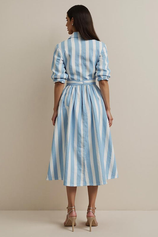 Blue Pockets Collar Neck Midi Shirt Work Dress with Sash