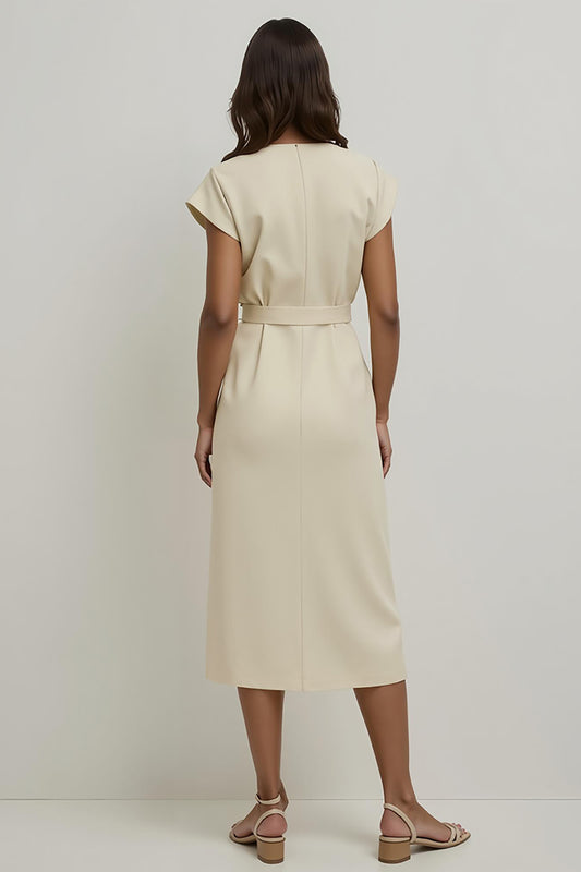 Apricot V-Neck Pencil Midi Work Dress with Sleeves