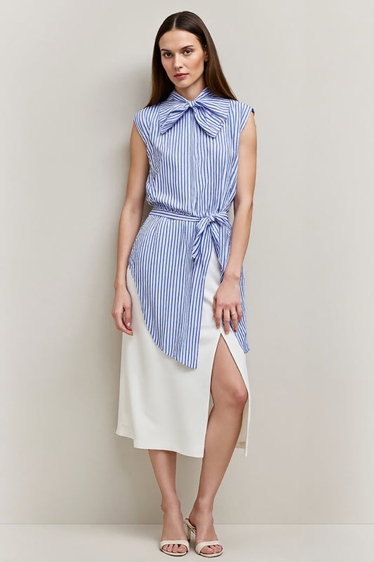 Blue Pencil Bows Midi 2 Piece Blouses and Skirt with Slit
