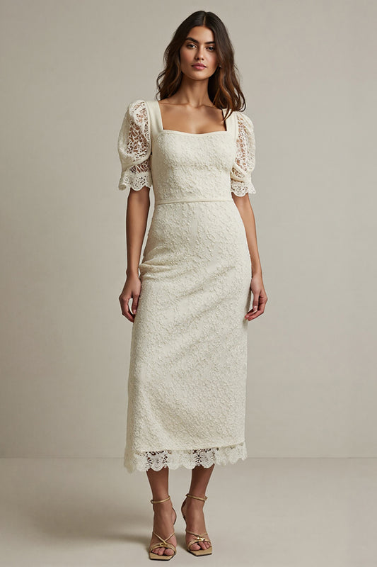 Apricot Square Neck Pencil Lace Maxi Work Dress with Sleeves