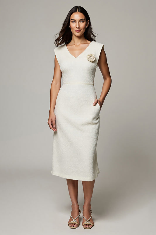 Simple White V-Neck Pencil Midi Work Dress with 3D Flowers