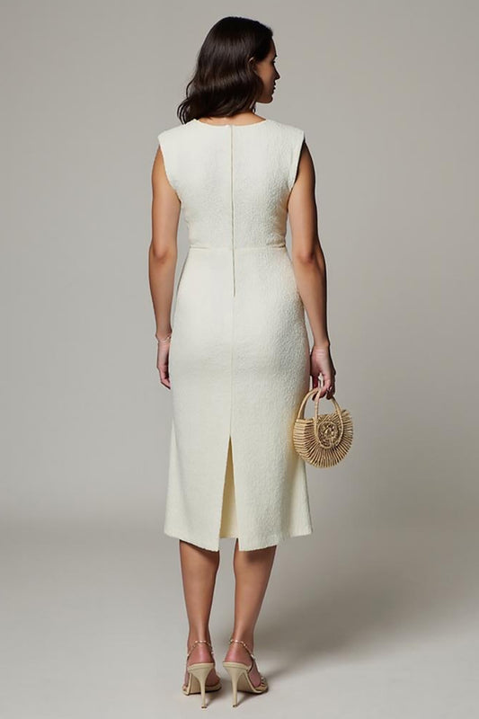 Simple White V-Neck Pencil Midi Work Dress with 3D Flowers