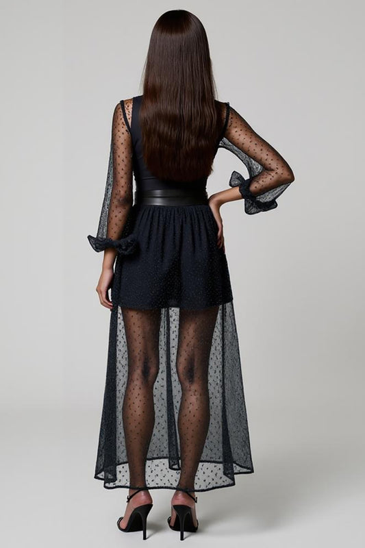 Navy Deep V-Neck A-Line Long Work Dress with Sleeves