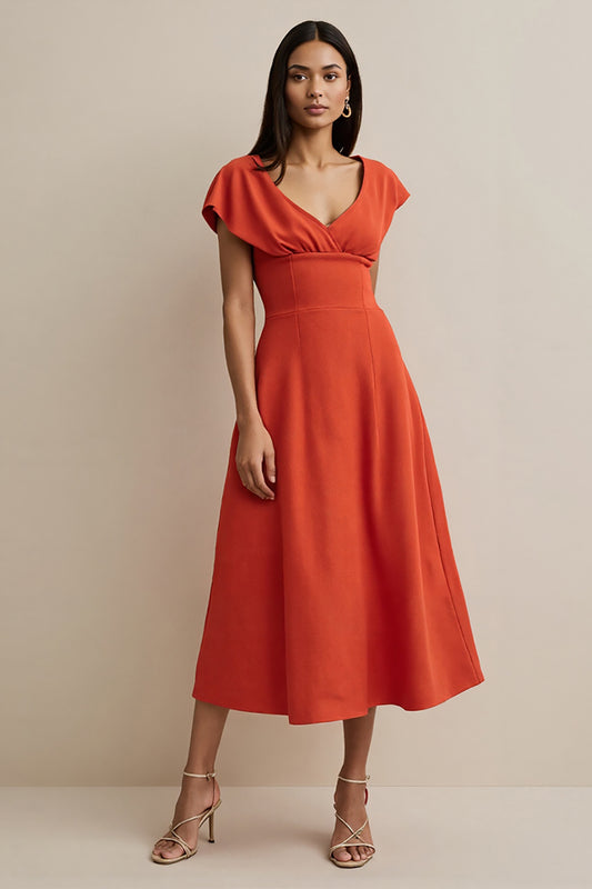 Orange Satin V-Neck A Line Midi Work Dress with Sleeves