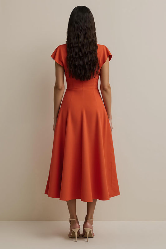 Orange Satin V-Neck A Line Midi Work Dress with Sleeves