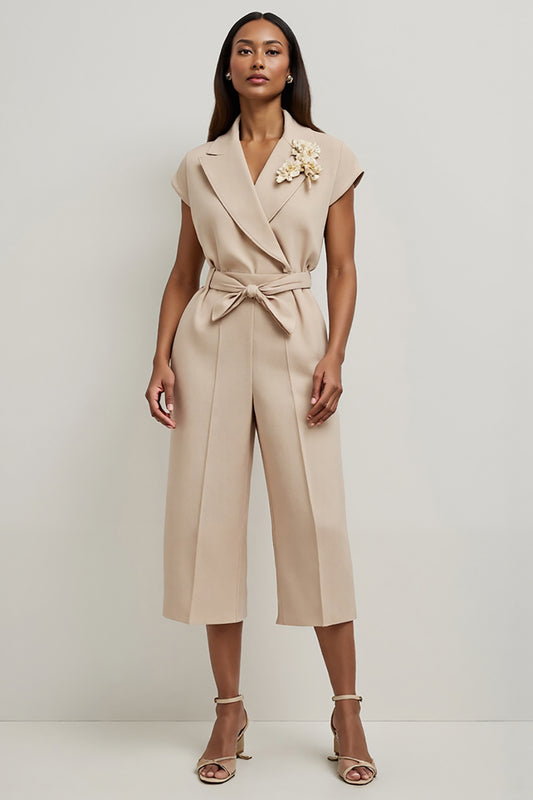 Khaki Satin Notched Lapel Work Jumpsuits with 3D Flowers