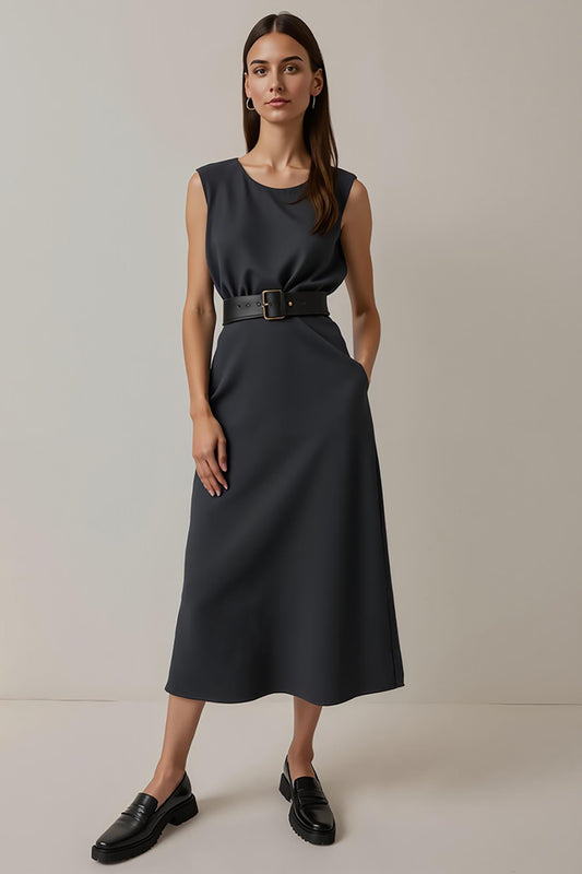 Simple Navy Round Neck Pencil Midi Work Dress with Pockets