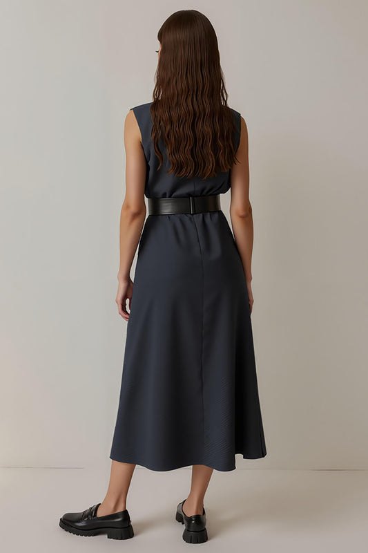 Simple Navy Round Neck Pencil Midi Work Dress with Pockets