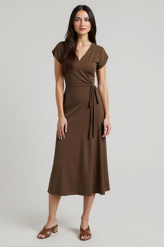 Brown V-Neck Cap Sleeves Midi Work Dress with Sash