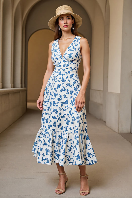 White Blue Printed V-Neck A Line Long Wedding Guest Dress