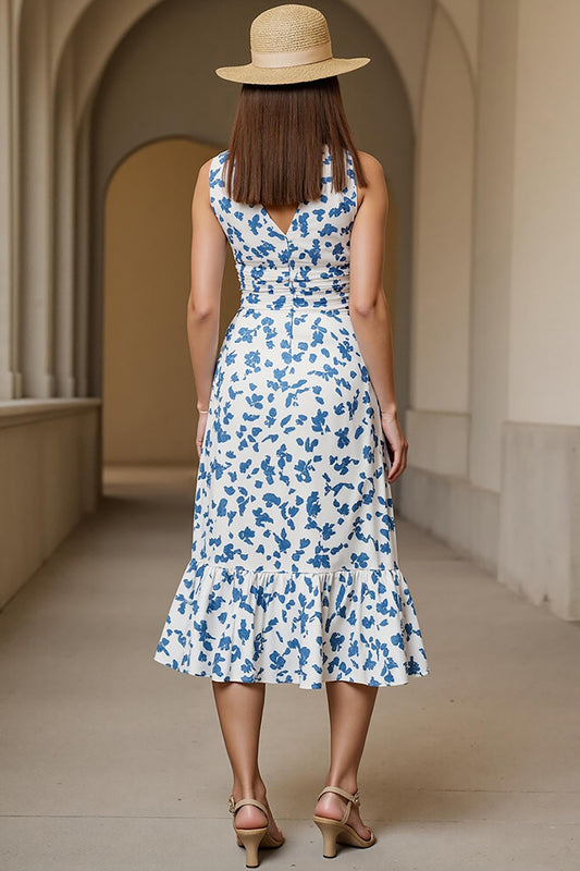 White Blue Printed V-Neck A Line Long Wedding Guest Dress