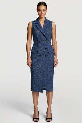 Grey Blue Tweed Notched Lapel Pencil Buttons Midi Blazer Dress